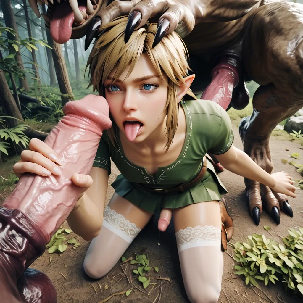 1boy 1femboy,3d, link adorable male Girly male lace-trimmed legs wear thighhighs high-angle close-up,monster penis, animal penis,zoophilia,forest ,holding head, link outfit handjob skirt knees penis tongue cum