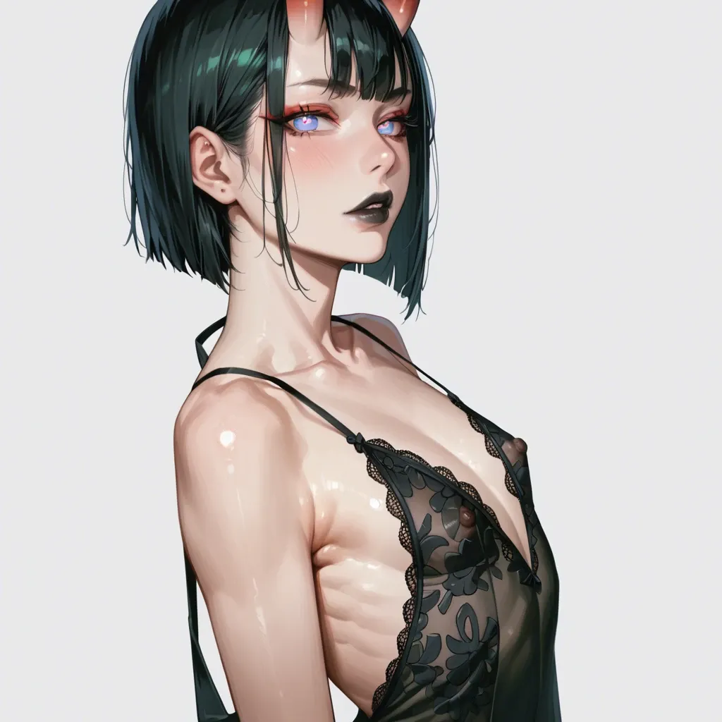 Shuten-Douji, Lace slutty transparent one shoulder dress, slim body, very deep cleavage, tits out, flat chest, pushup tits, side view from above, seductive face, glowing pupils, large black closed lips, heavy upper lips, hair braid, vulgarity