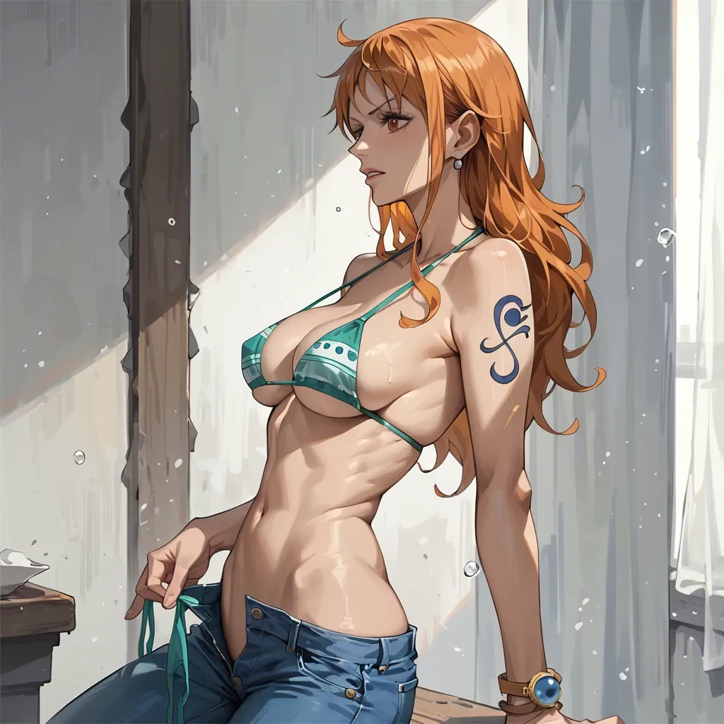 nami one piece, normal bikini, jeans pants, clothed, removing bikini top