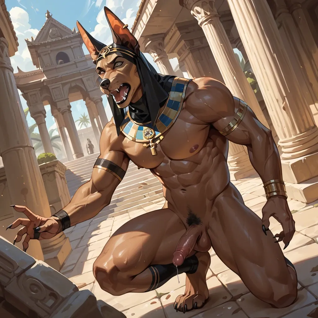 Naked Lara Croft Surprised  in a temple getting her clothes torn off by fat Anubis jackal furry