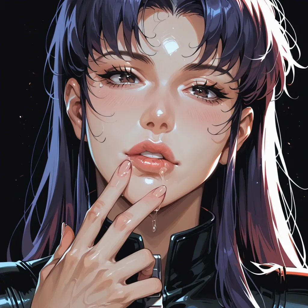 1 girl, Misato Katsuragi, face close up, puckering lips, puckering motion, seductive face, brilliant eyes, tight clothes, detailed face, black background, do not show hands, High definition