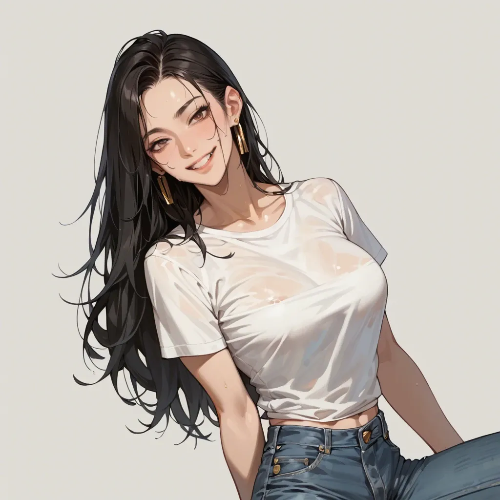 1girl, anime, futanari, long black hair, white t-shirt, jeans, gold earrings, cock outline, bulge, solo, soft smile