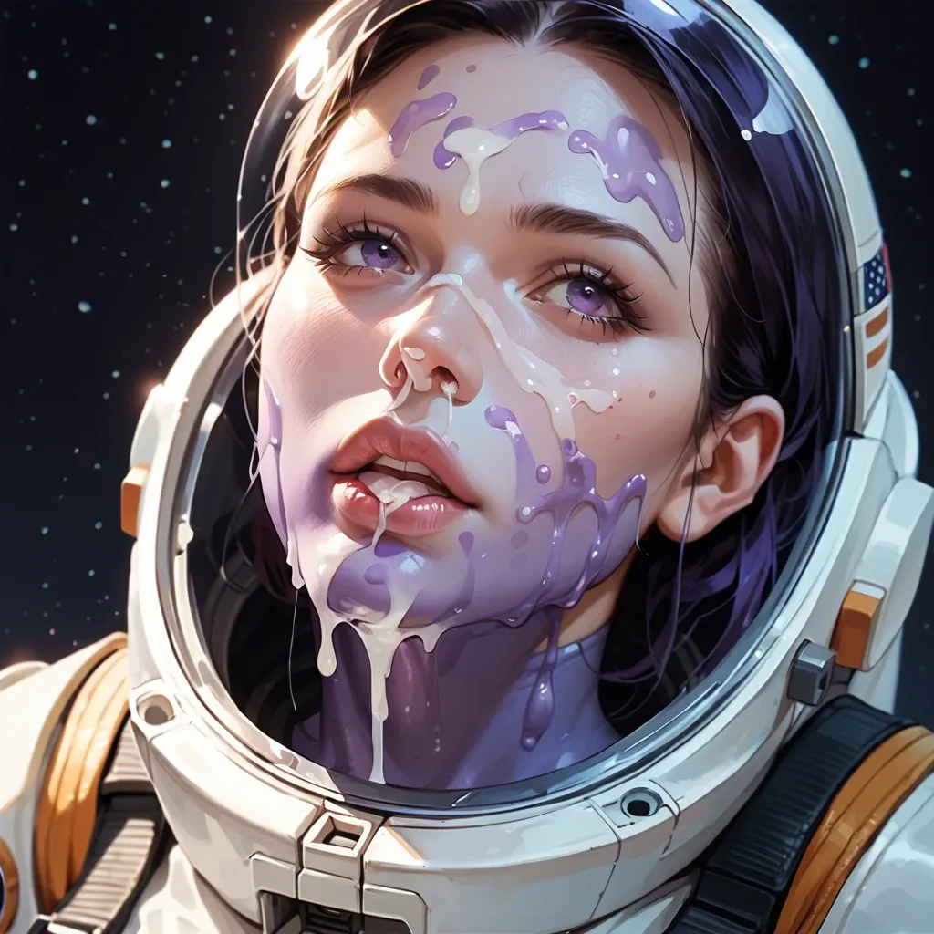 cute sci-fi girl, space suit, purple slime on face,  facial purple slimy creampie, cum on nose, cum on lips, cum on eyes