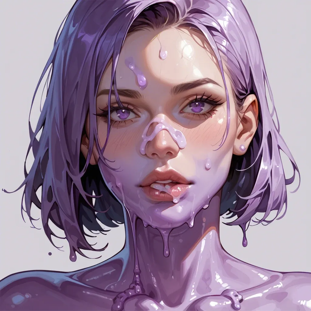 cute sci-fi girl, sci fi space suit, purple slime on face,  facial purple slimy creampie, purple slime on nose, slime on lips, slime on eyes