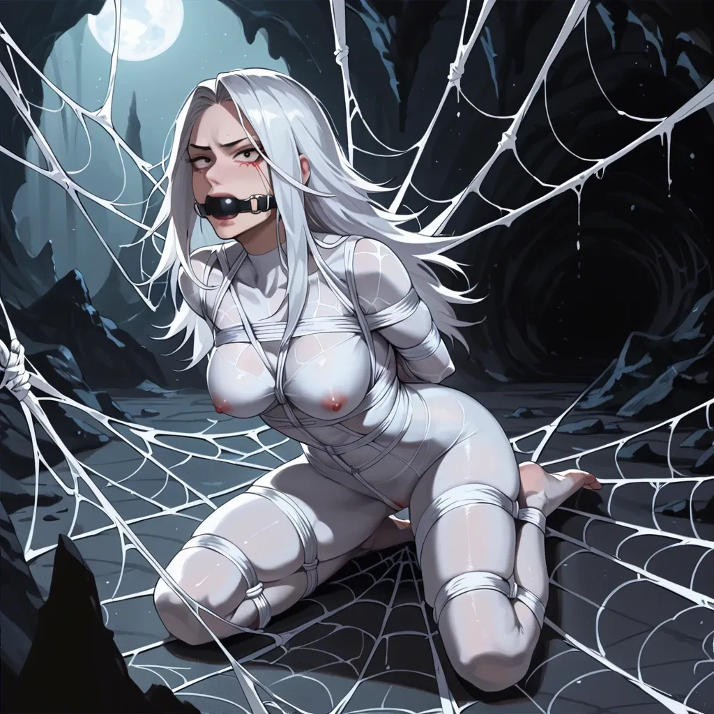 Nsfw, midnight,  my hero academia, web bondage, dark cave, spider web bondage, spider web, web, arms tied behind back, full body view, webbed, covered in spider web, web gag, white spider web, white spider web bondage