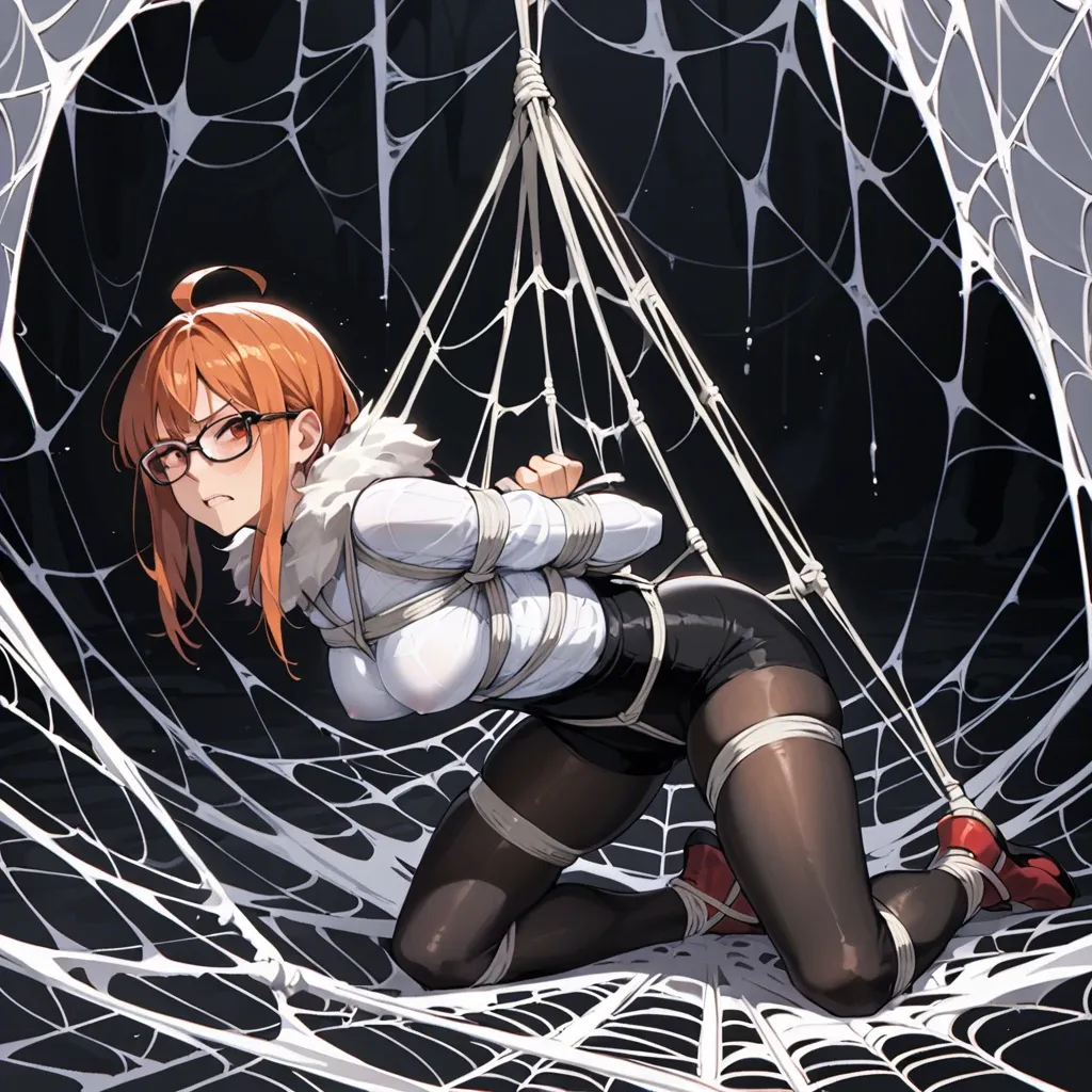 Nsfw, Sakura Futaba, Persona, web bondage, dark cave, spider web bondage, spider web, web, arms tied behind back, full body view, webbed, covered in spider web, fur trim, glasses,