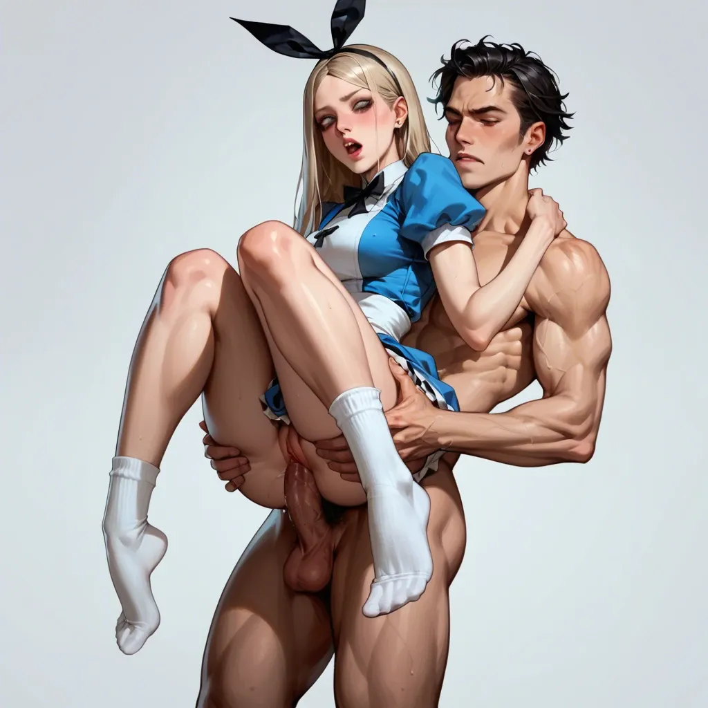 1girl,1boy, , , ,  Alice,Alice in Wonderland, amazing tits,slim waist,wide hips,tight ass,firm thighs, white ankle socks, picked up and fucked by The Mad Hatter, stamd and carry position, sex sound effects, motion lines, male has giant cock, castle,bed, anime style, cartoon, masterpiece, volumetric lighting