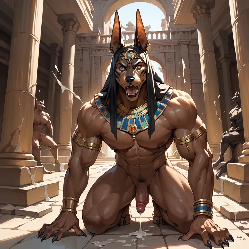 Naked Lara Croft Surprised  in a temple getting her clothes torn off by fat Anubis jackal furry