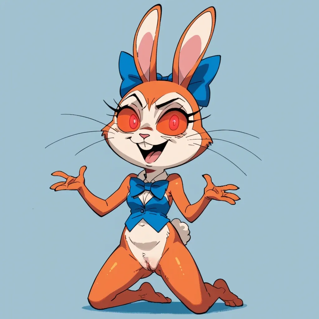 humanoid rabbit, costume, female, stitched fabric design, red glowing eyes, cartoonish, mischievous, blue bow tie, animated appearance, anthropomorphic, solo, anime, cute