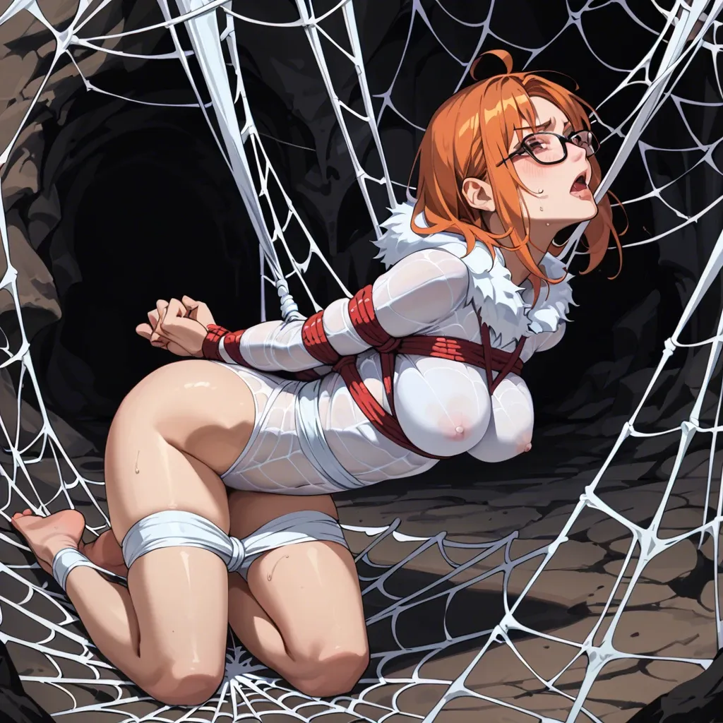 Nsfw, Sakura Futaba, Persona, web bondage, dark cave, spider web bondage, spider web, web, arms tied behind back, full body view, webbed, covered in spider web, fur trim, glasses, legs tied together, struggling