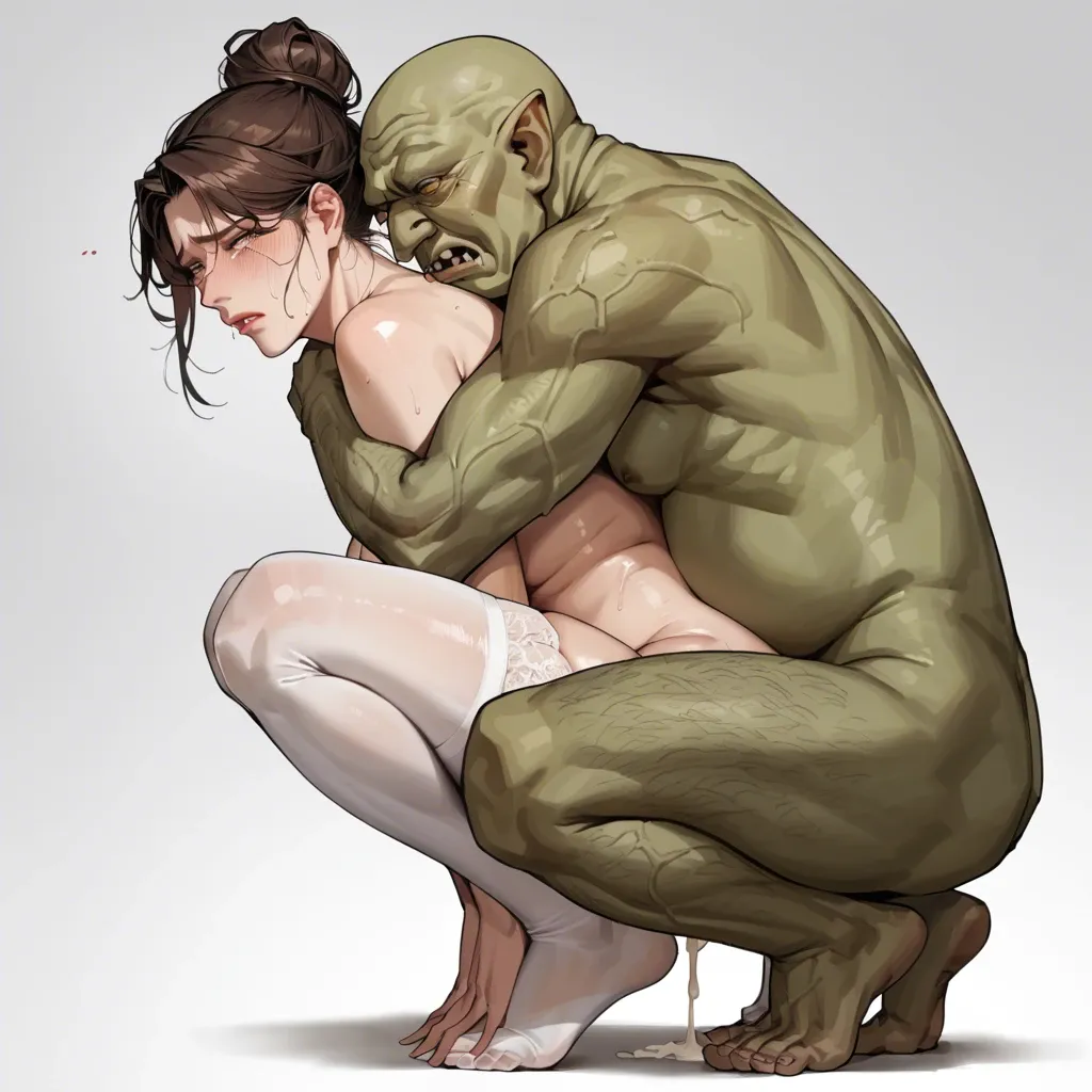 Korean milf,hairbun,brown hair,yellow eyes,stockings,feet,deep thrusting,x-ray,creampie,comic,sad,annoyed,tears,ugly goblin,captured,headlock,snuggled,squatting