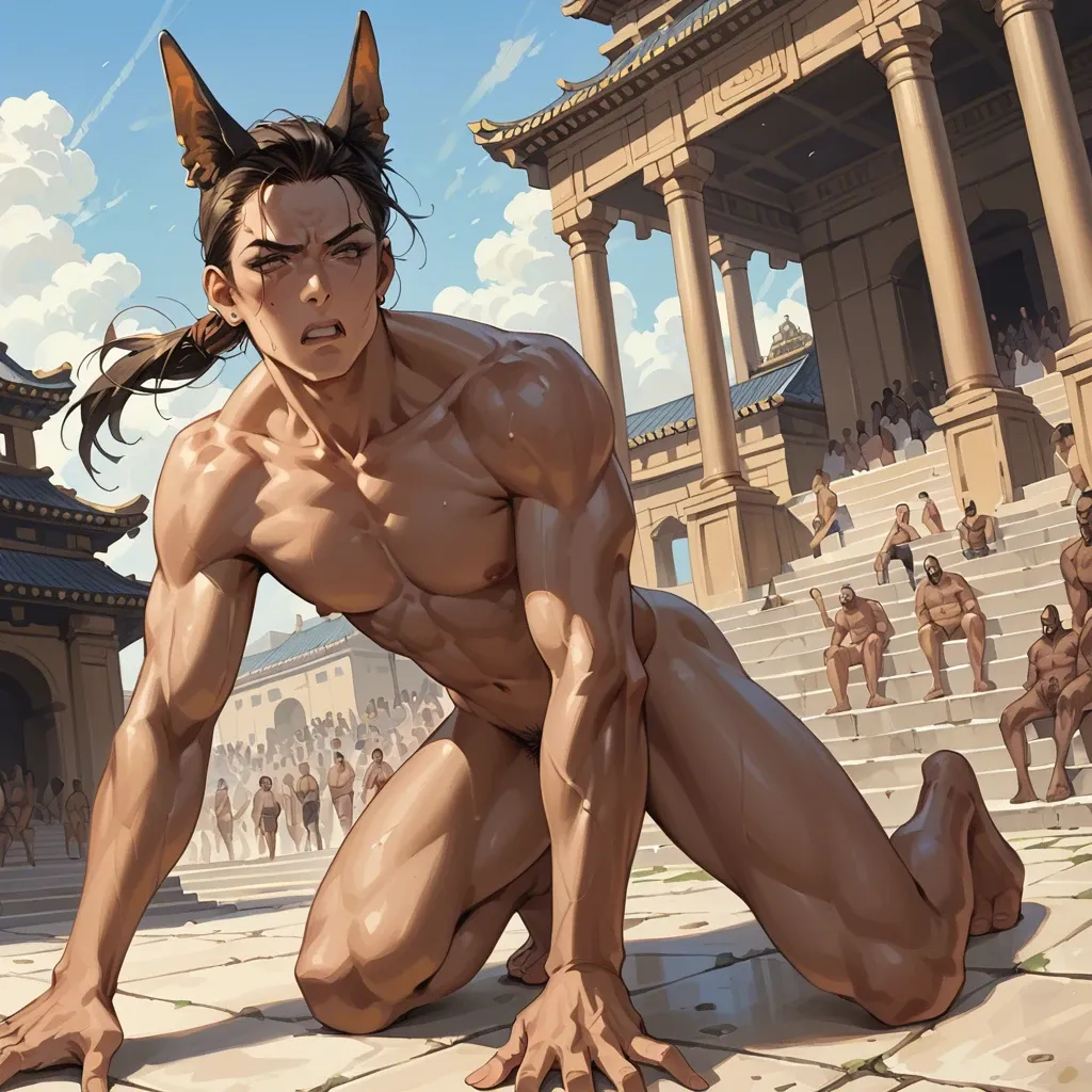 Drawn 2d flat retro anime art style, Naked skinny  Lara Croft annoyed  in a temple getting fucked by ugly bastard Anubis furry doggystyle in front of a crowd of Anubis furries