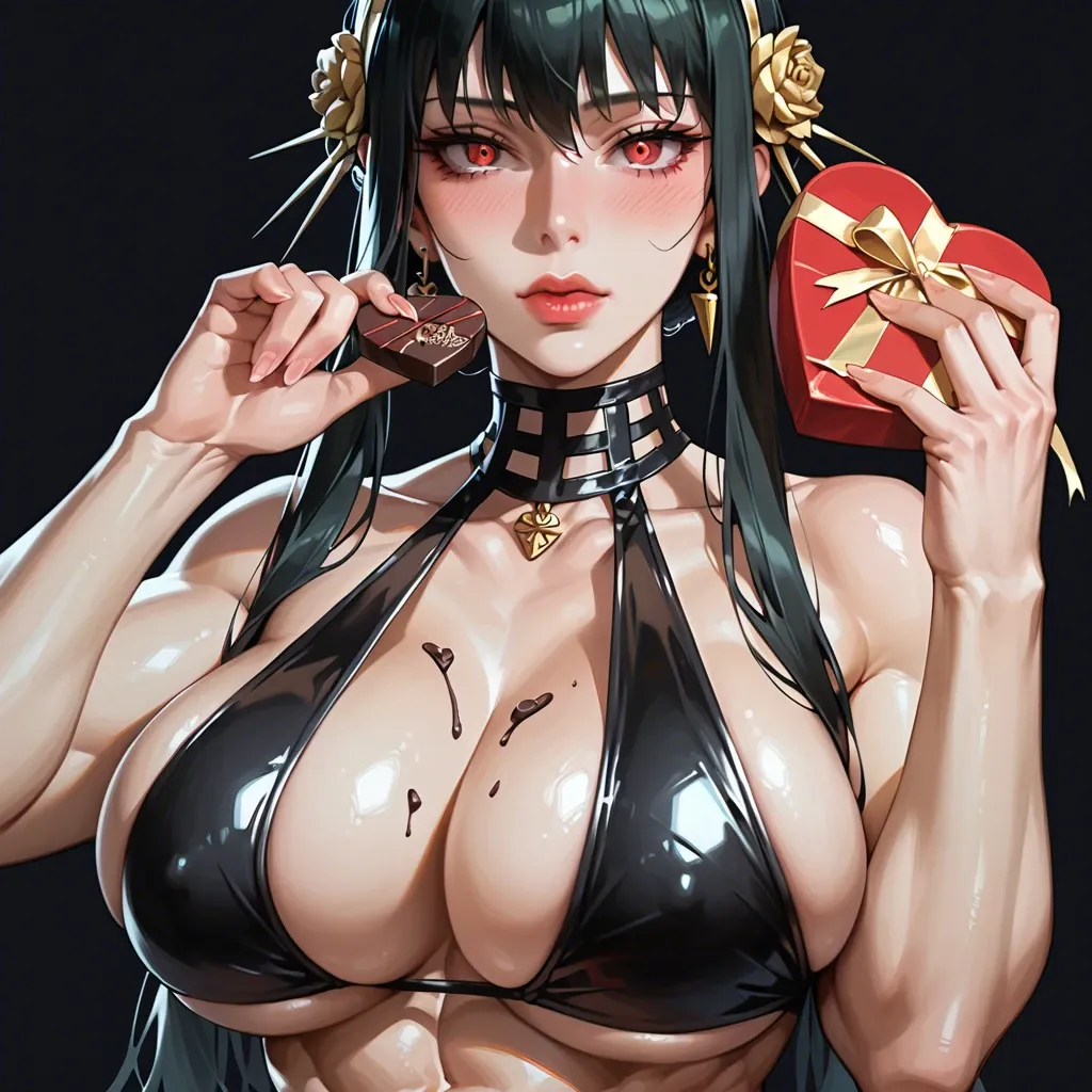 1 girl, Yor Briar, swimsuit, valentine's day, chocolate present, seductive face, brilliant eyes, tight clothes, upper body, detailed face, black background, do not show hands, massive breast, massive ass, abs, High definition