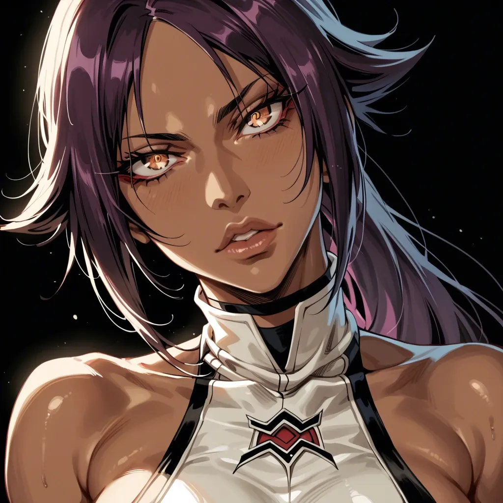 1 girl, Yoruichi (bleach), face close up, puckering lips, puckering motion, seductive face, brilliant eyes, tight clothes, detailed face, black background, do not show hands, High definition