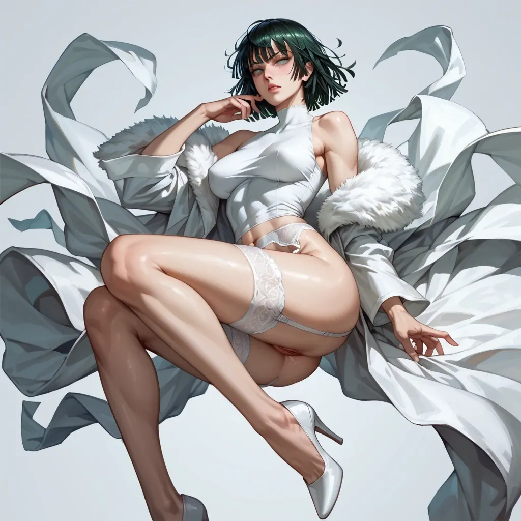 Fubuki from one punch man, no underwear, no pants, no panty, white garter belt, white stiletto heels, extremely beautiful face, perfect skin, perfect body, long legs, long thighs, long calves, ultra high details, hyper realistic details, oiled skin, profuse sweat, horny streaming down from anus, liquid streaming down from asshole