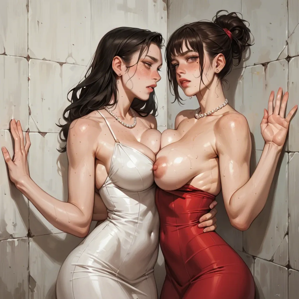 2girl, , , , mole under eye,hands on wall,perky tits,breast press,oily wet skin, freckled face,extra arms,firm breasts,slender waist,skin indentation, lift dress up,pearl necklace,fishnet gloves,no bra,black sneakers, glass shower, waterfall, cyberpunk, wonder woman, dynamic