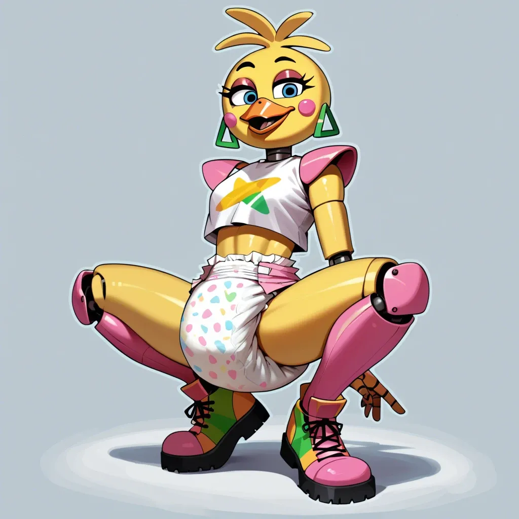 FNAF, glam rock chica, anthro, girl, feminine,  thick messy diaper, diaper dripping, dirty