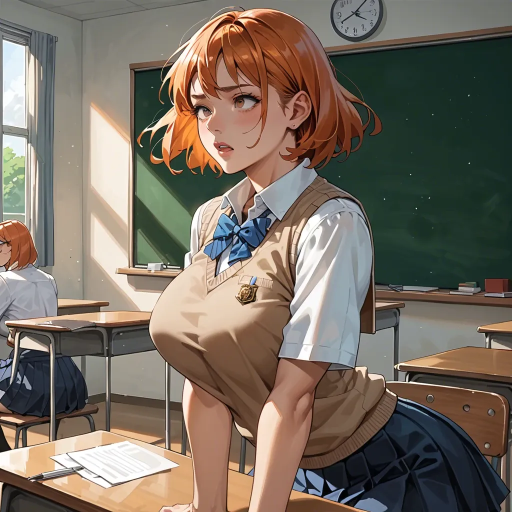 anime, girl, big breasts, school uniform, pleated skirt, sweater vest, orange hair, classroom, illustration, fanart, digital art, manga style, anime girl, big ass, voluptuous, curvy, cute, looking away