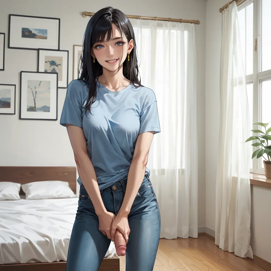 1girl, solo, cute, anime, futanari, long straight black hair, gold earrings, blue eyes, warm smile, white t-shirt, jeans, bulge, cock outline, standing, bedroom