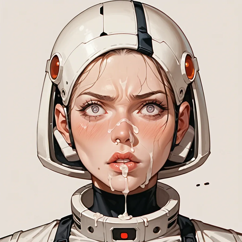 cute sci-fi girl, sci fi space suit, facial creampie, cum on nose, cumon lips, cumon eyes, embarassed confused expression