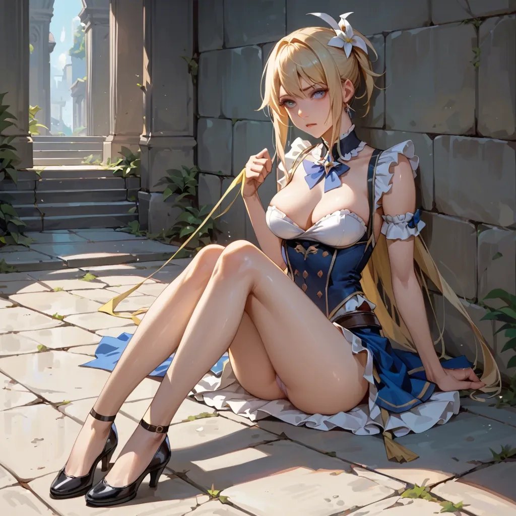 Lucy Heartfilia GenshinImpact, copy image from #GenshinImpact, perfect body, full body, High Quality, Tall Girl, Beautiful body, thin body, slim legs, Perfect Quality Detail, Lie flat, sitting kneel or standing fighting act, Pull up, Have pubic hair,