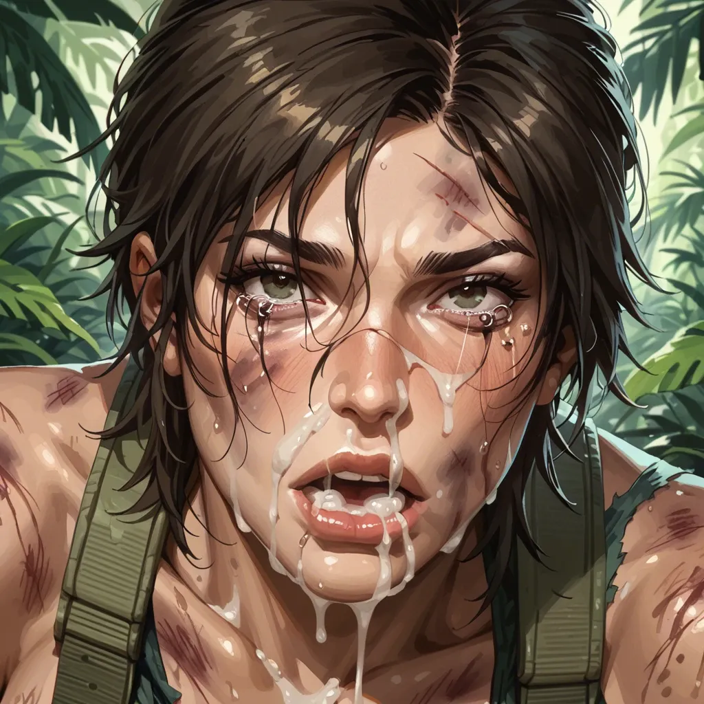 Jungle, men ripping hair. macro close up of face, looking at viewer, Lara Croft, Tomb raider, degraded ,  dirty, bruised, crying, excessive cum over face, thick cum in hair,  thick, excessive cum in nose, open mouth full of cum,dripping, mascara. Screaming in pain, face covered in thick cum,