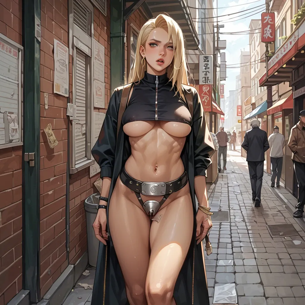 Shuzune, naruto anime, prostitute slut, prostituting herself, underboob, chastity belt, in an hotel entrance,