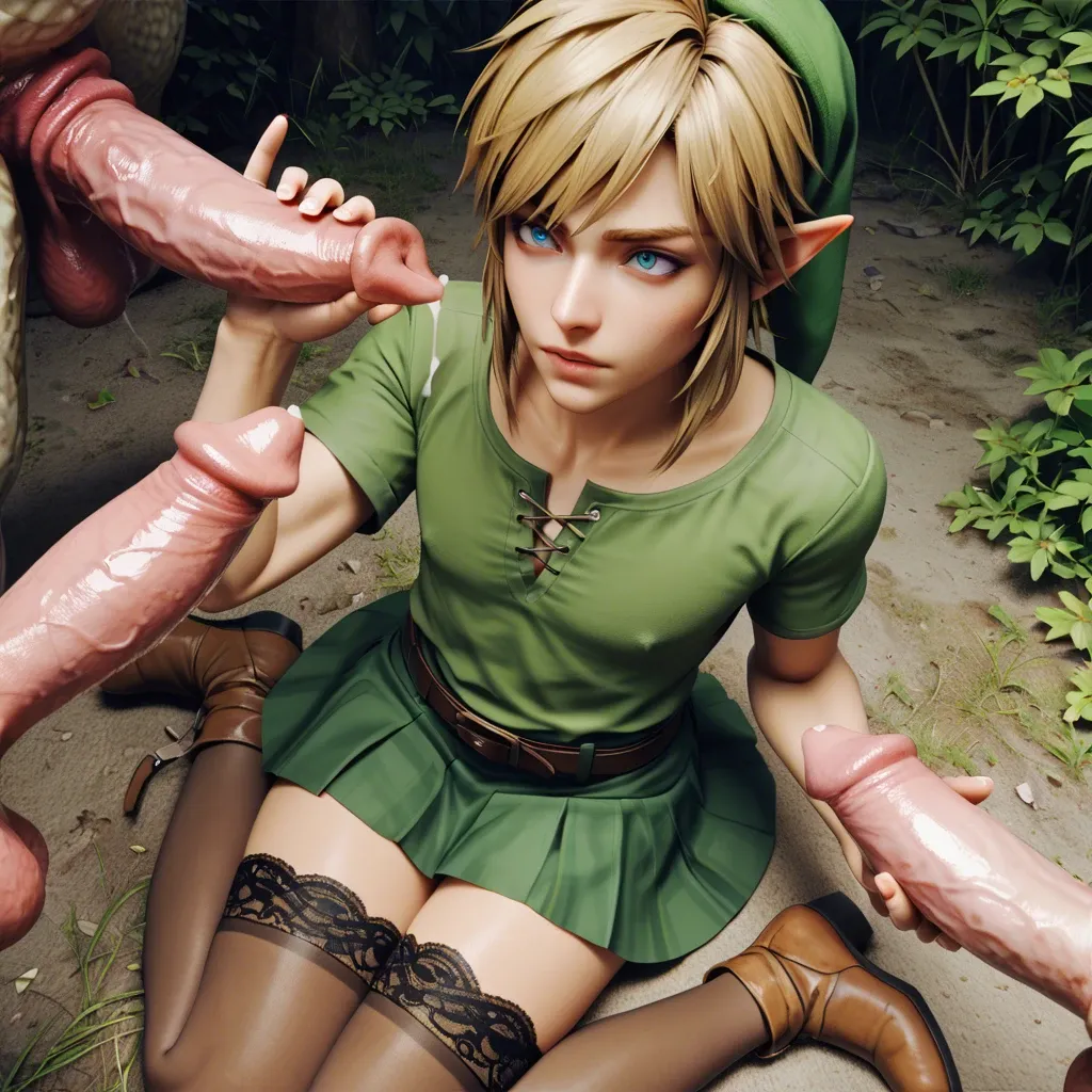 1boy 1femboy,3d, link adorable male Girly male green lace-trimmed legs wear thighhighs,monster,animal penis,zoophilia bukakke high-angle close-up forest link outfit feminine male handjob skirt knees bright eyes