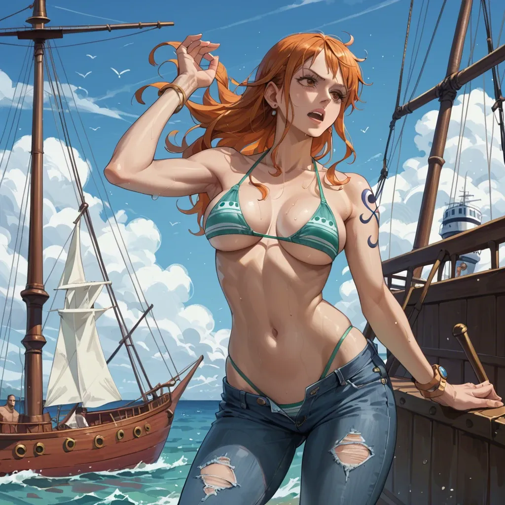 nami one piece, normal bikini, jeans pants, standing, ship