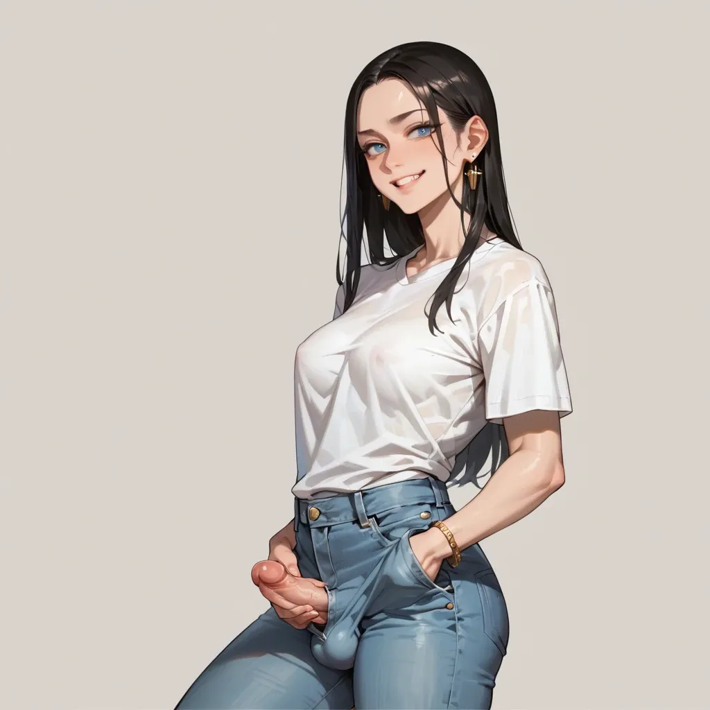 1girl, solo, cute, anime, futanari, long straight black hair, gold earrings, blue eyes, warm smile, white t-shirt, jeans, bulge, cock outline, cock and balls, standing