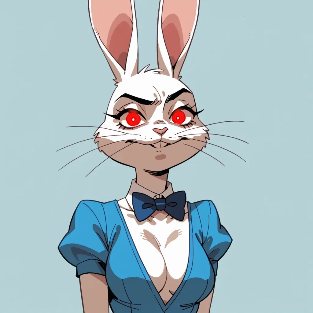 humanoid rabbit, stitched fabric design, red glowing eyes, cartoonish, mischievous, blue bow tie, animated appearance, anthropomorphic, solo, anime, cute