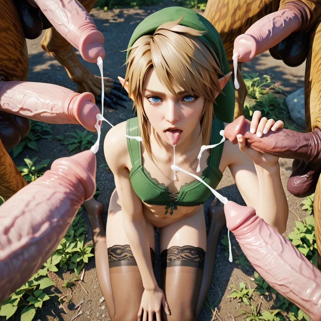 1boy 1femboy,3d, link adorable male Girly male green lace-trimmed legs wear thighhighs,monster,animal penis,zoophilia, bukakke, high-angle close-up forest link outfit handjob knees shaved penises tongue out facialized