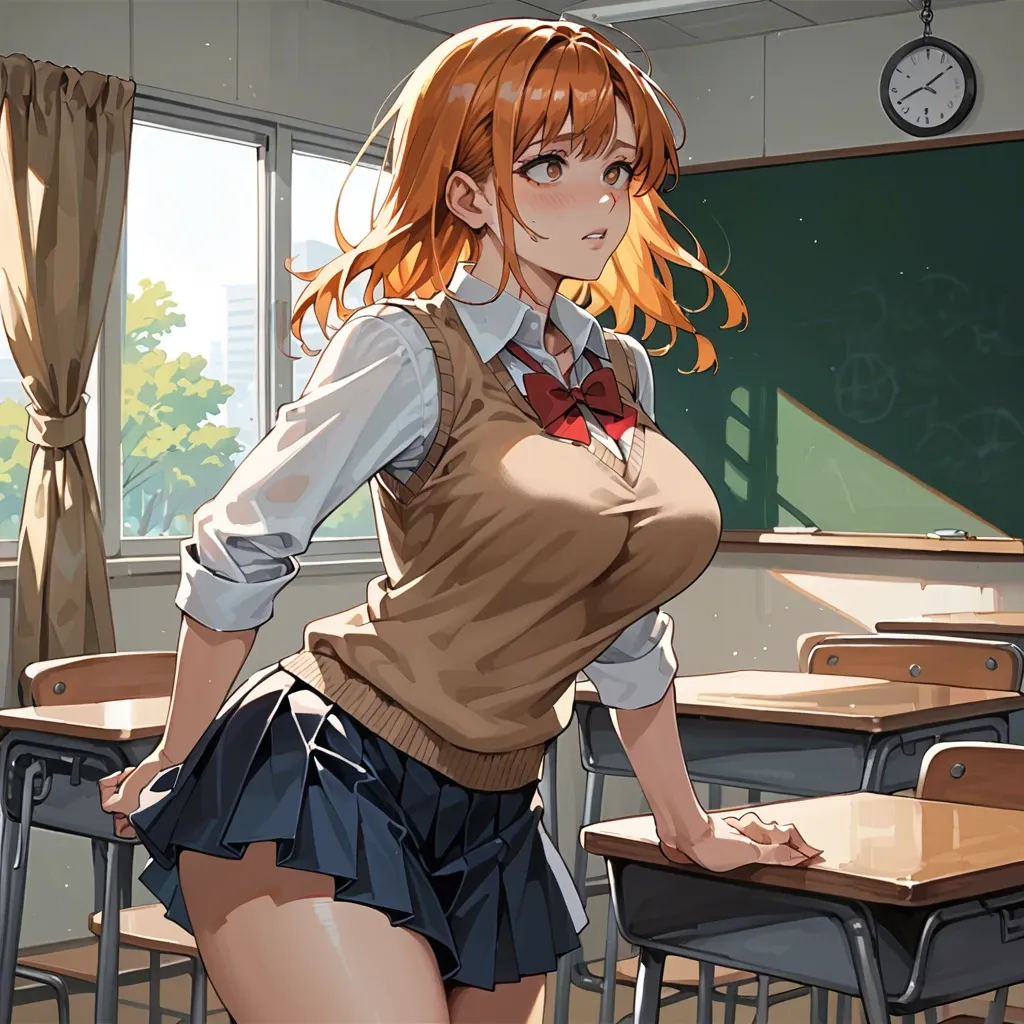 anime, girl, large breasts, school uniform, pleated skirt, sweater vest, orange hair, classroom, illustration, fanart, digital art, manga style, anime girl, big boobs, voluptuous, curvy, cute, looking away