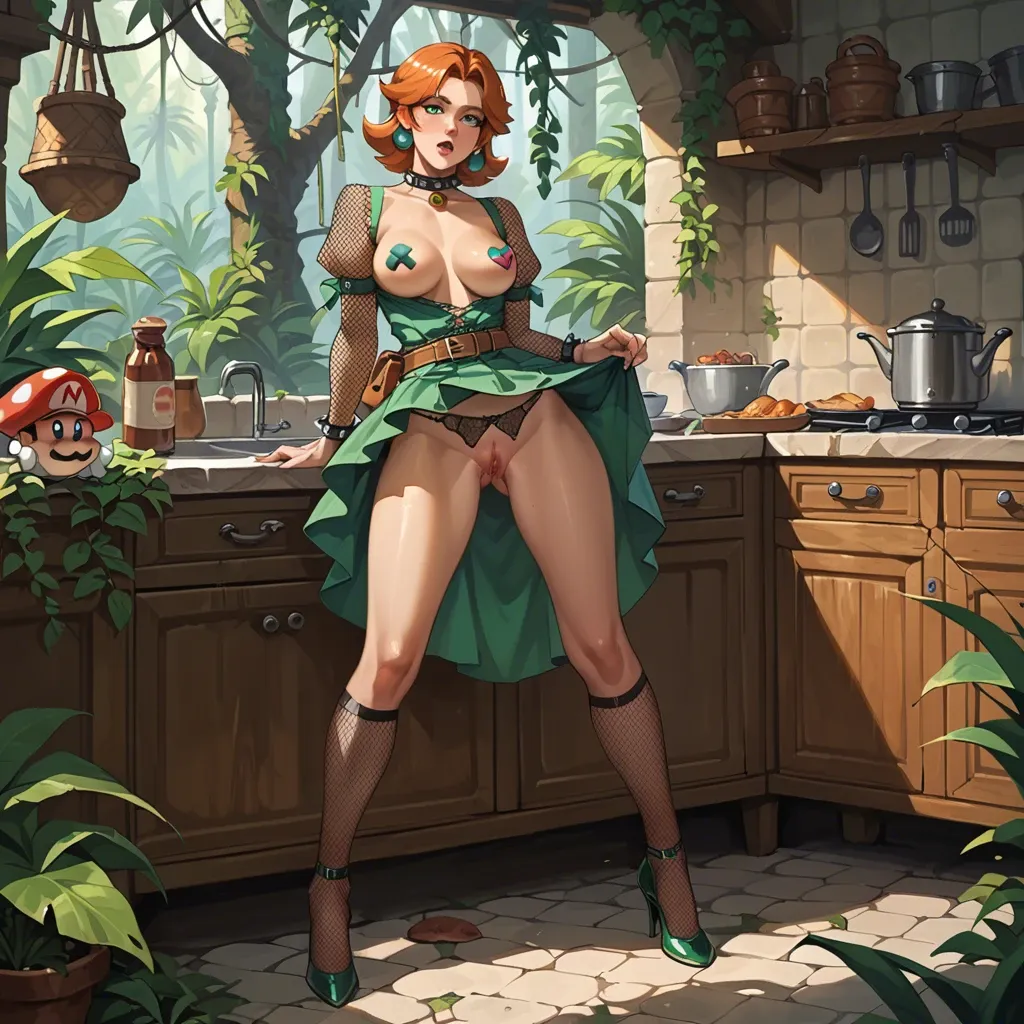 1girl,solo, , , , green eyes,flashing pussy,nipple sticker,hips,standing doggy, pleated skirt,fishnet sleeve,linked collars,panties visible,high heels, kitchen, in jungle, medieval dress, robot, mario, asuka langley