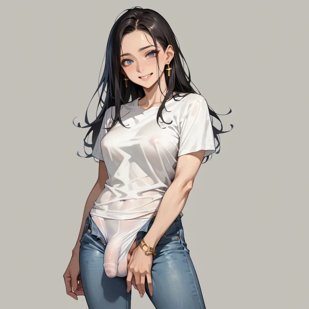 1girl, solo, cute, anime, futanari, long straight black hair, gold earrings, blue eyes, warm smile, white t-shirt, jeans, bulge, cock outline, cock and balls, standing