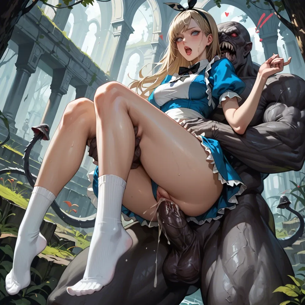 1girl,1boy, , , ,  Alice,Alice in Wonderland, amazing tits,slim waist,wide hips,tight ass,firm thighs, white ankle socks, picked up and fucked by giant monster, stand and carry position, sex sound effects, motion lines, male has giant cock, castle,bed, anime style, cartoon, masterpiece, volumetric lighting