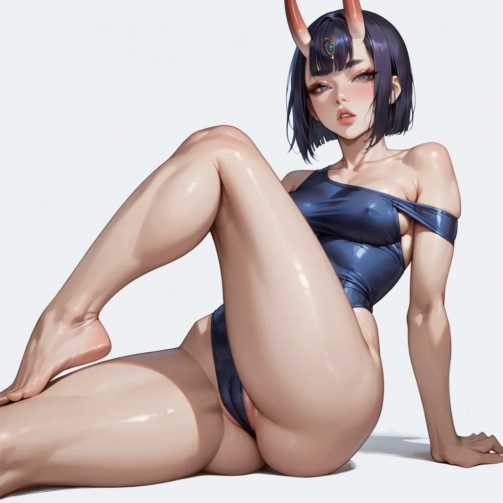 Shuten-Douji, off shoulder swimsuit, slim body, show tits, big perky perfect tits, front view, seductive face, heavy upper lips, vulgarity, big juicy ass, cameltoe