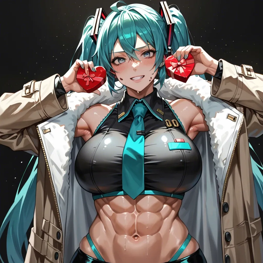 1 girl, Hatsune Miku, coat, valentine's day, chocolate present, seductive face, brilliant eyes, tight clothes, upper body, detailed face, black background, do not show hands, huge breast, massive ass, abs, High definition