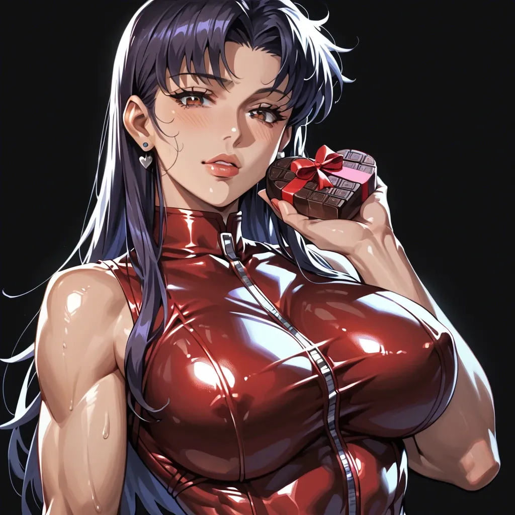 1 girl, Misato Katsuragi, valentine's day, chocolate present, seductive face, brilliant eyes, tight clothes, upper body, detailed face, black background, do not show hands, huge breast, massive ass, abs, High definition