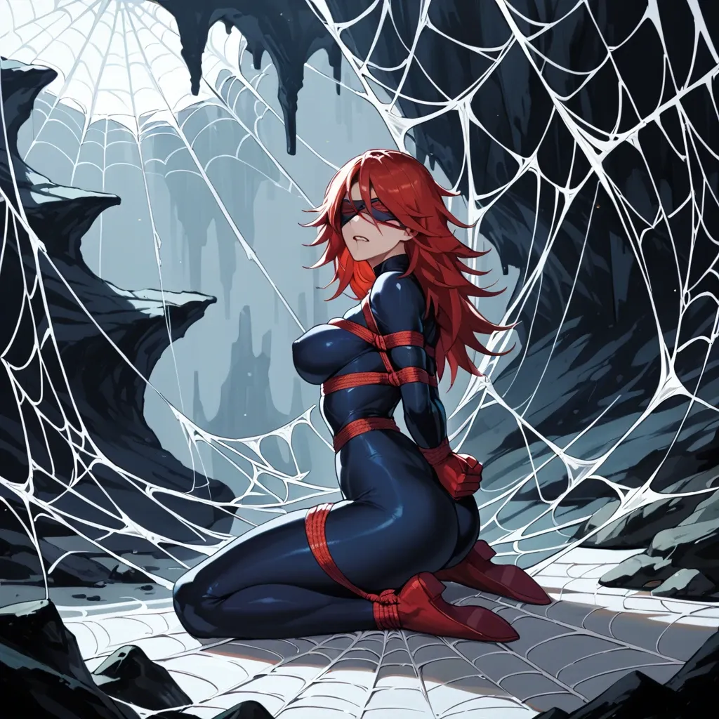 Nsfw, midnight,  my hero academia, web bondage, dark cave, spider web bondage, spider web, web, arms tied behind back, full body view, webbed, covered in spider web, web blindfold