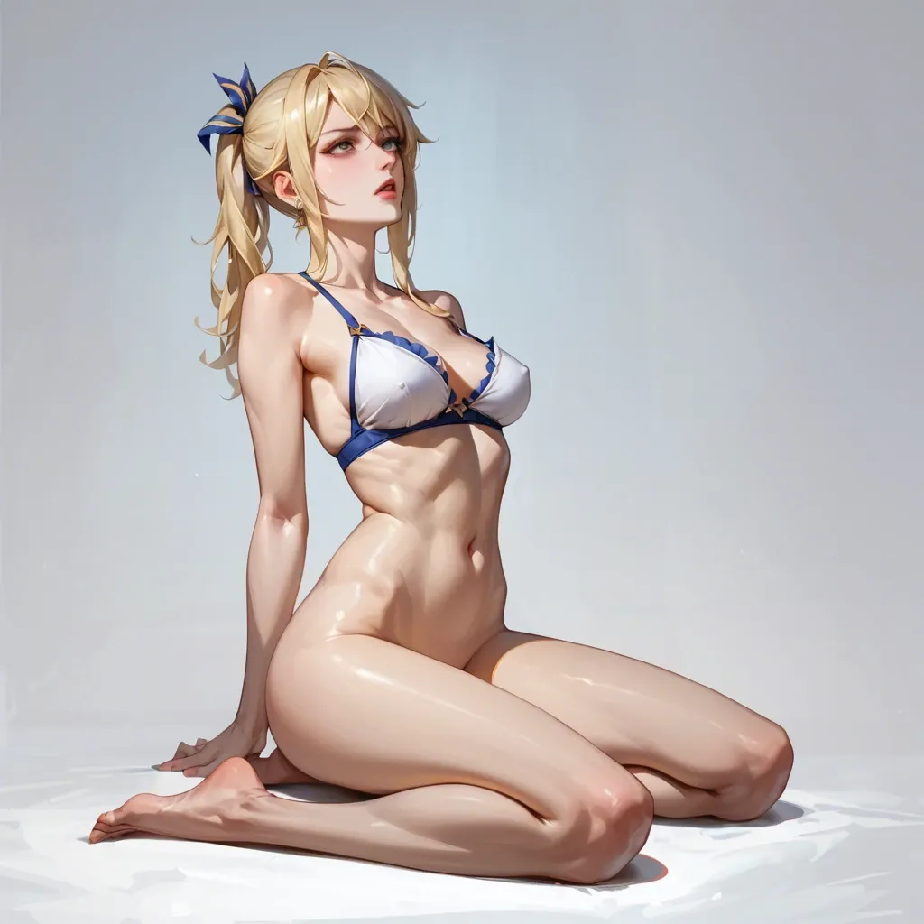 Lucy Heartfilia GenshinImpact, copy image from #GenshinImpact, perfect body, full body, High Quality, Tall Girl, Beautiful body, thin body, slim legs, Perfect Quality Detail, Lie flat, sitting kneel or standing fighting act, Pull up, Have pubic hair,