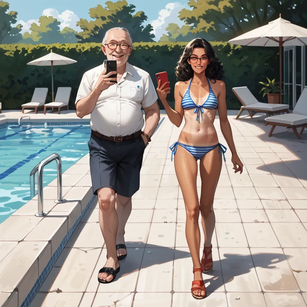 skinny, glasses, tan line, long black hair, curly, blushing, smiling, freckles, on phone, walking, striped bikini, open toe shoes, pool, old man, masturbating