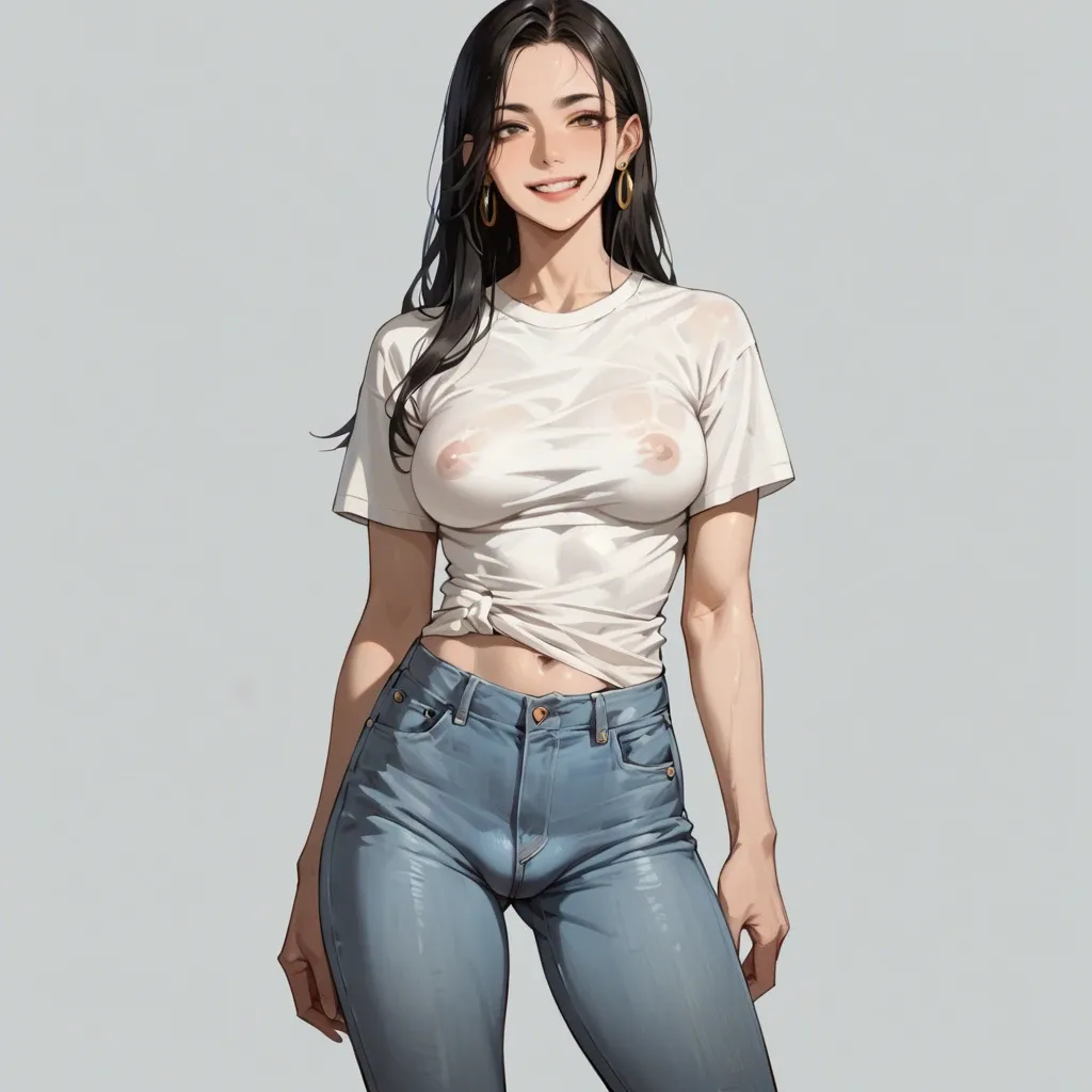 1girl, anime, futanari, long black hair, white t-shirt, jeans, gold earrings, long cock outline, bulge, solo, soft smile