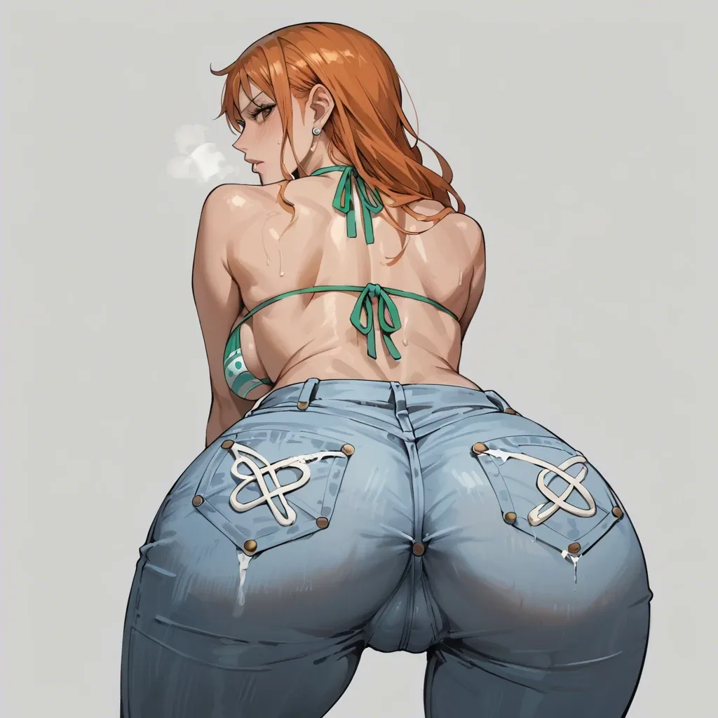 nami one piece, normal bikini, jeans pants, ass view, bend over