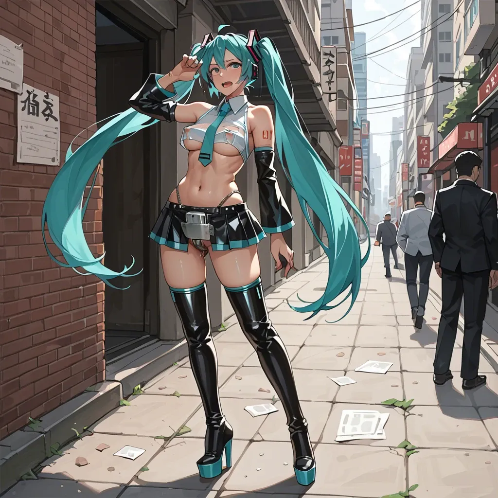 Hatsune Miku, anime, prostitute slut in sexy pose, prostituting herself, tigh blouse underboobs, mucro skirt, chastity belt, pubic hair, nipple piercing, latex high heels long boots. in a hotel entrance, anal penetration, used condoms in her skirt,