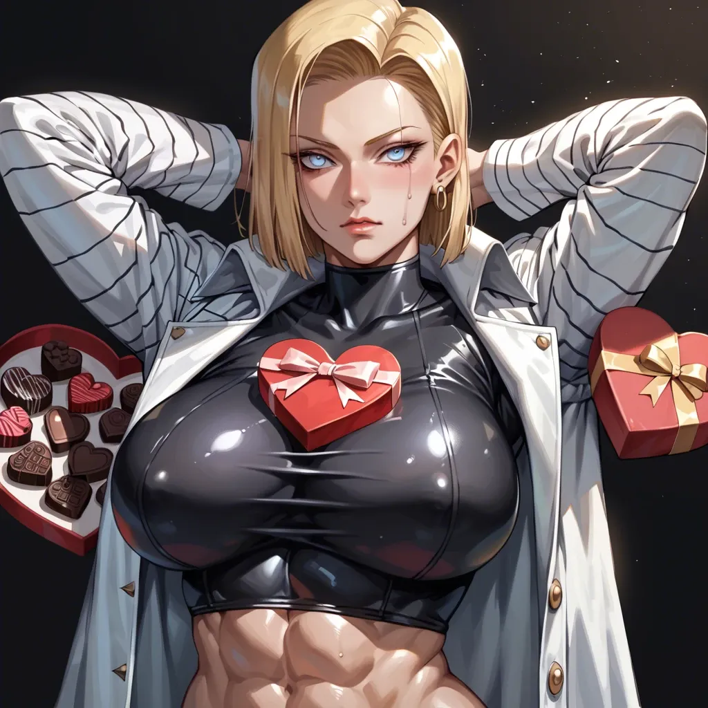 1 girl, Android 18, coat, valentine's day, chocolate present, seductive face, brilliant eyes, tight clothes, upper body, detailed face, black background, do not show hands, huge breast, massive ass, abs, High definition