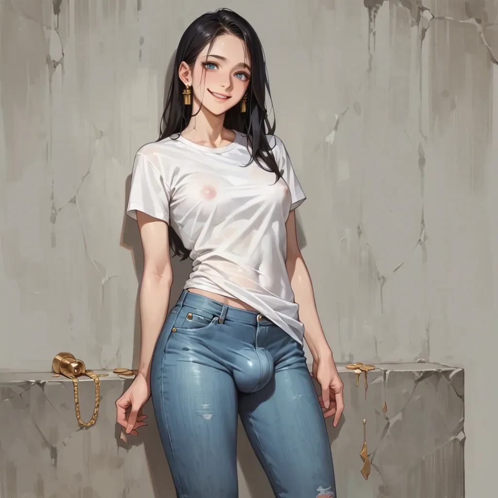 1girl, solo, cute, anime, futanari, long straight black hair, gold earrings, blue eyes, warm smile, white t-shirt, jeans, bulge, cock outline, cock and balls, standing, bedroom