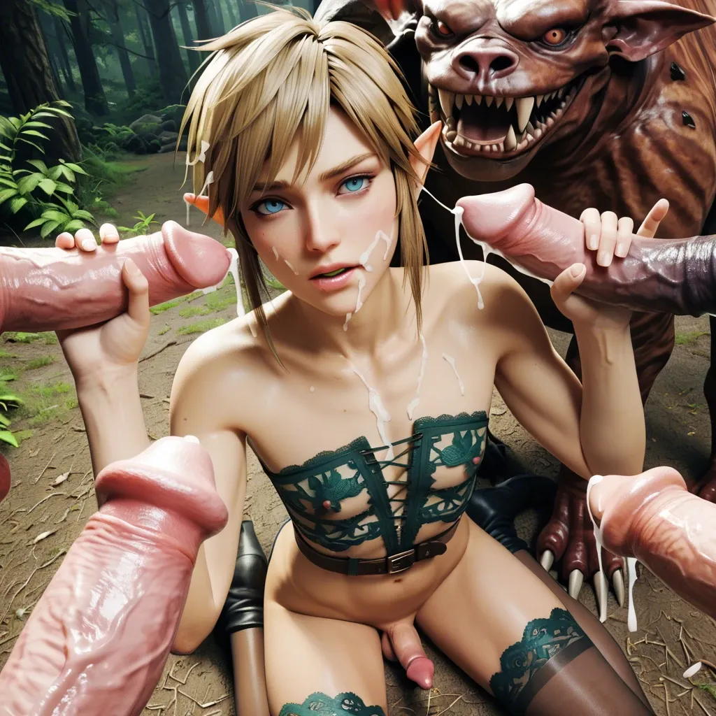 1boy 1femboy,3d, link adorable male Girly male green lace-trimmed legs wear thighhighs,monster,animal penis,zoophilia, bukakke, high-angle close-up forest link outfit handjob knees shaved penises, face covered cum,tongue out chastity cage