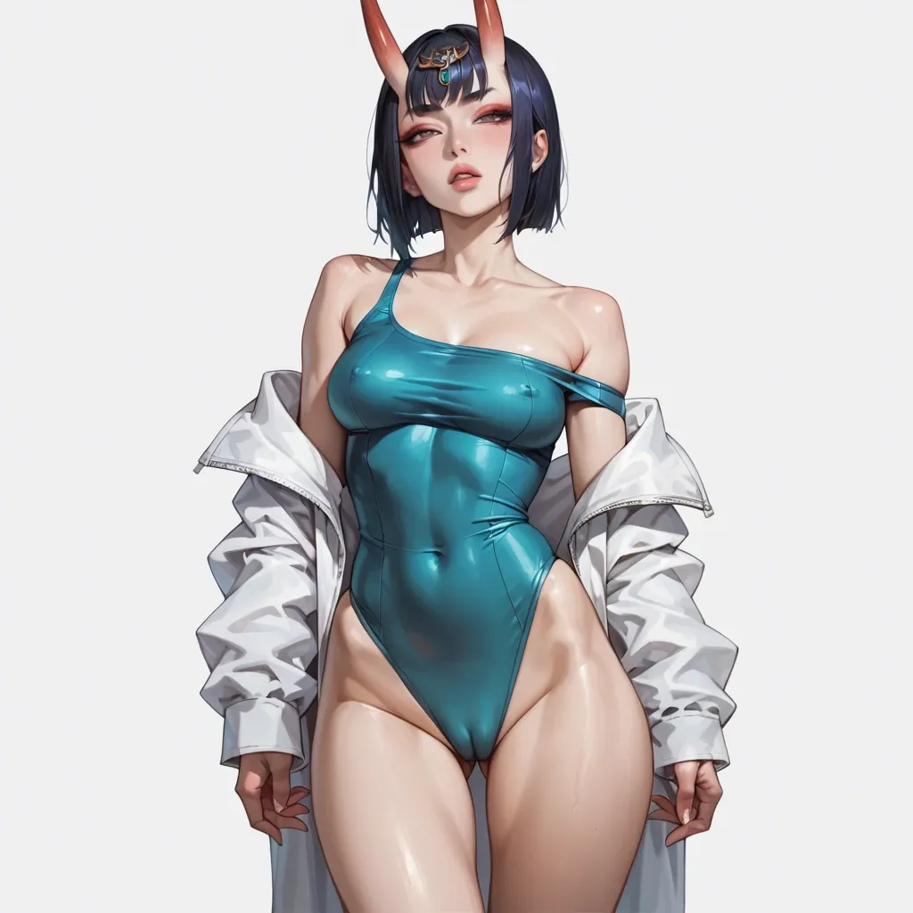 Shuten-Douji, off shoulder swimsuit, slim body, show tits, big perky perfect tits, front view, seductive face, heavy upper lips, vulgarity, big juicy ass, cameltoe