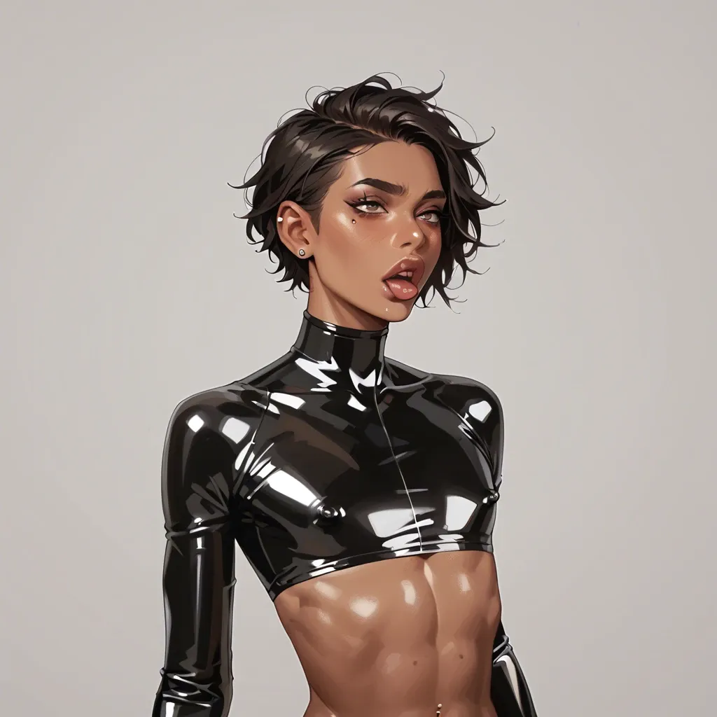 Slutty Femboy  Sloppy Blowjob  Giant throbbing cock Dark skinned penis Slender feminine  Skinny waist Chocker  arm sleeves  Latex top  Bottomless